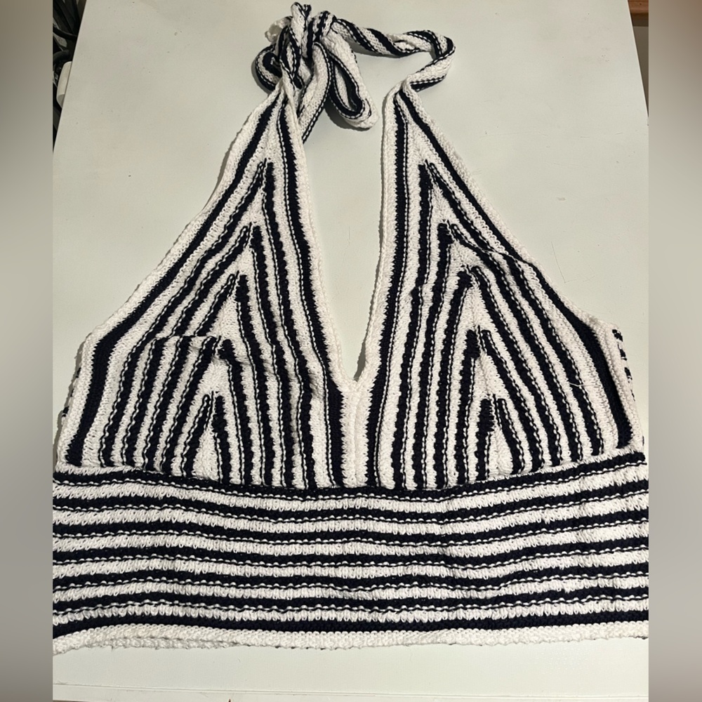 Hollister Navy and White Knit Halter Top
